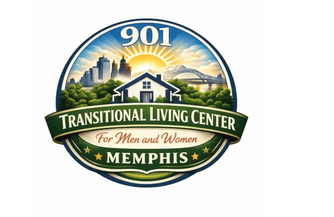 901 Transitional Living Center Memphis logo featuring a house, city skyline, bridge, and sunrise.